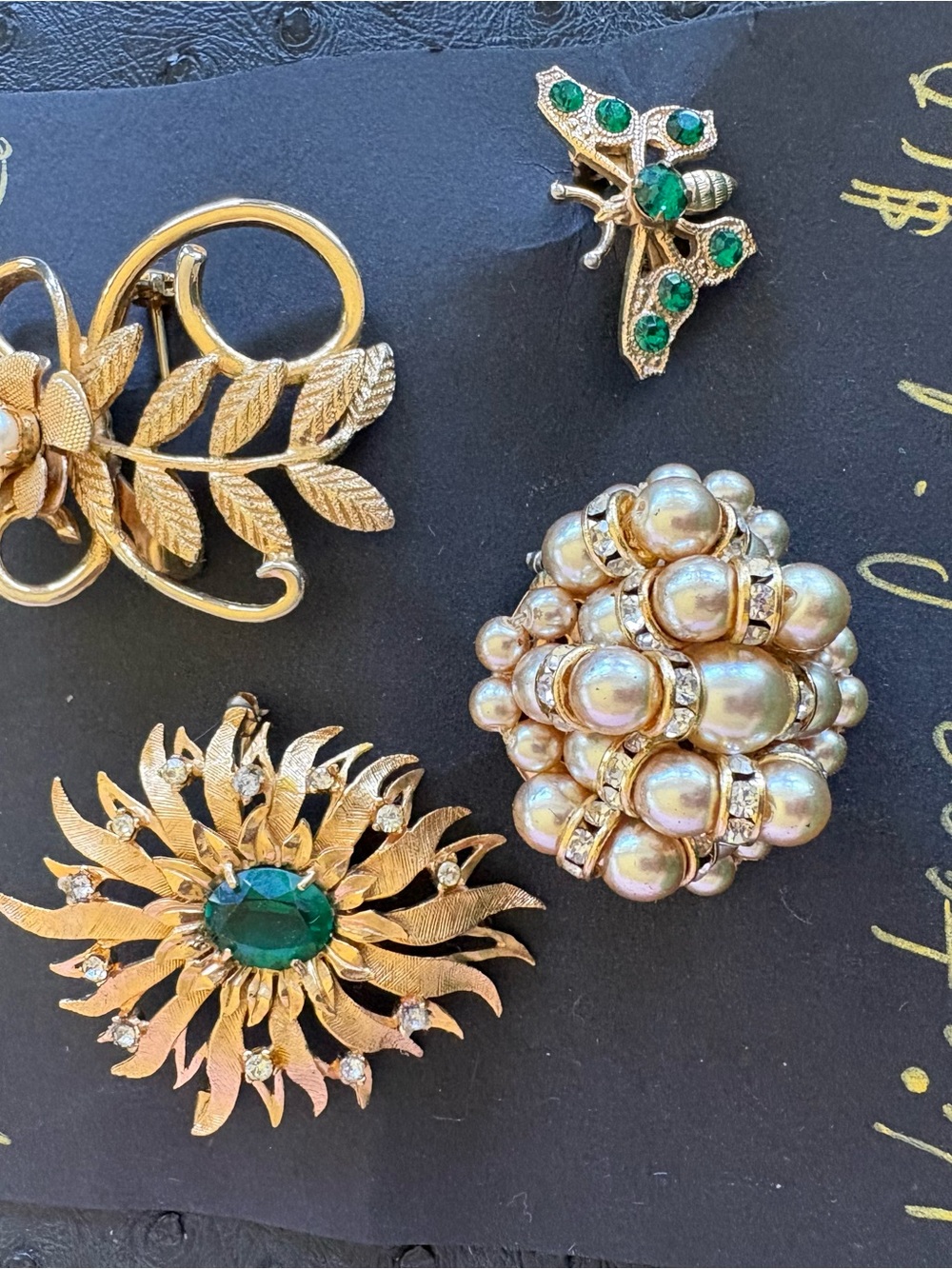 Vintage Gold Pearl Cluster Brooch set with Emerald Accents